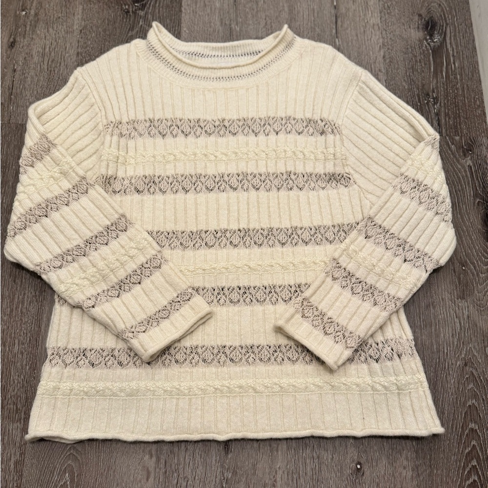 ZARA Cream Ribbed Knit Sweater Lace Stripe Detail Long Sleeve Size S